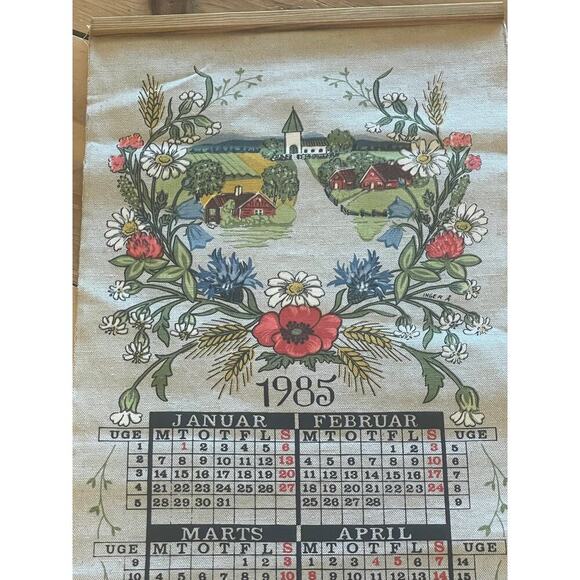 Vintage Calendar Burlap Wall Hanger Decor. 1985 floral. - Picture 2 of 6